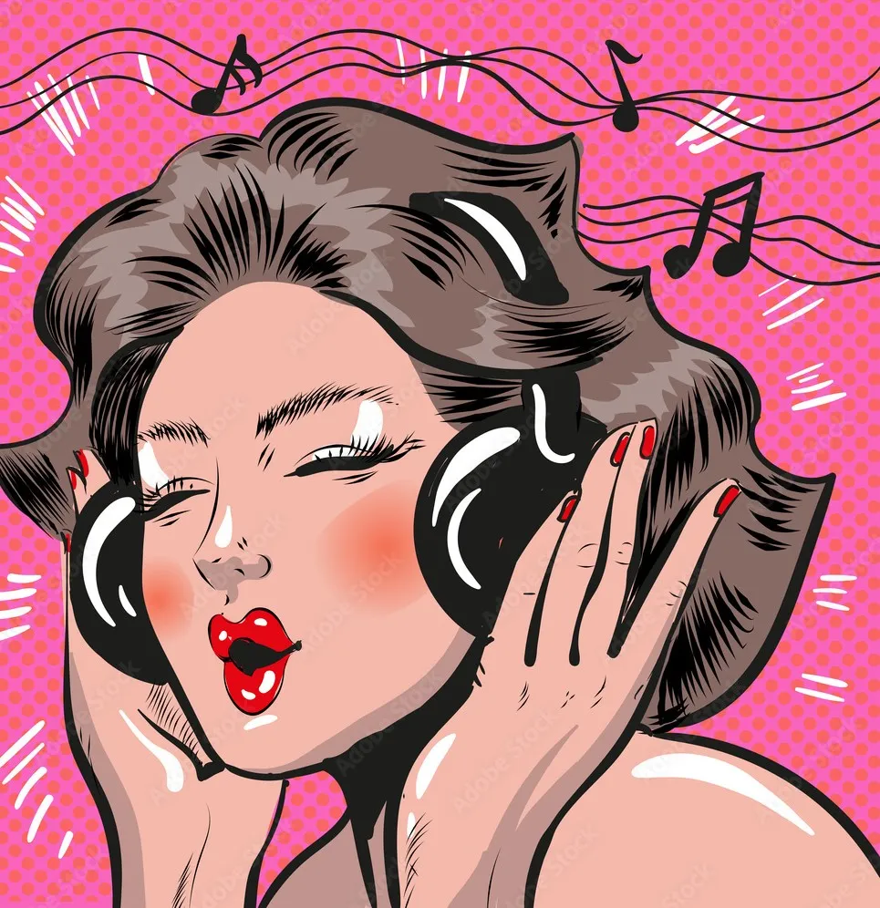 Drawing of cheerful woman with headphones listening to music